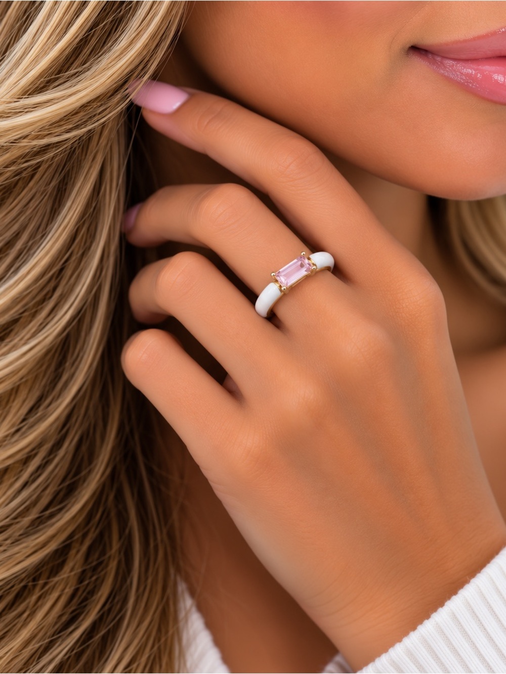 Gold Luxury Pink Stone White Band Enamel Ring